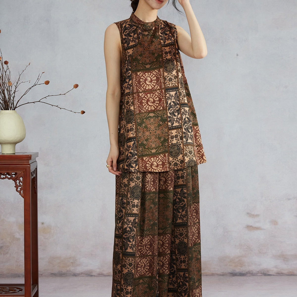 Mosaic Bloom Xiangyun Silk Two-Piece Set
